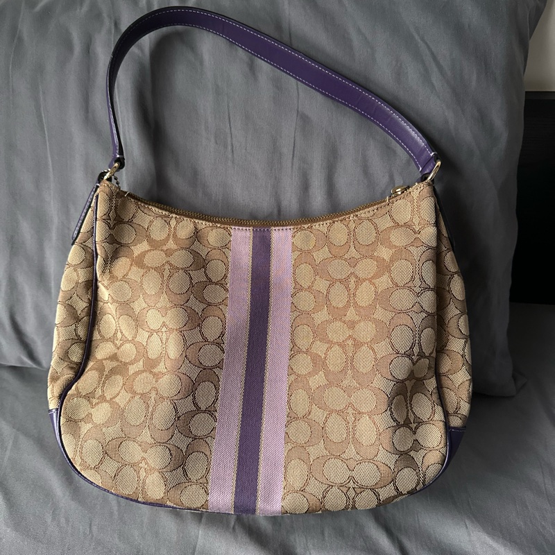 Coach 原色帆布 × 深紫色皮革肩帶 手提 / 肩背-6