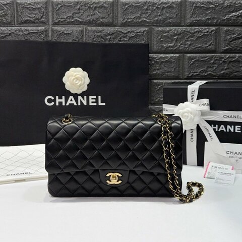 CHANEL CF25黑金羊皮鏈帶包