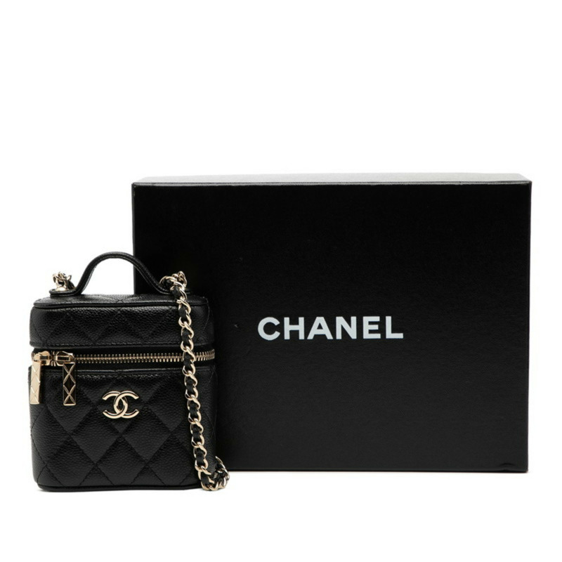 香奈兒 (CHANEL) Matelasse Coco Mark 小號化妝包，鏈條肩背包，黑色魚子醬紋皮革，女士款-6