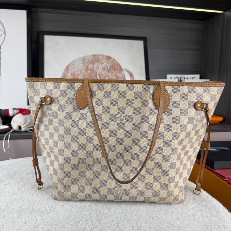 【全網最便宜✨經典保值】LV Neverfull中號白色棋盤格 手提包 腋下包-0