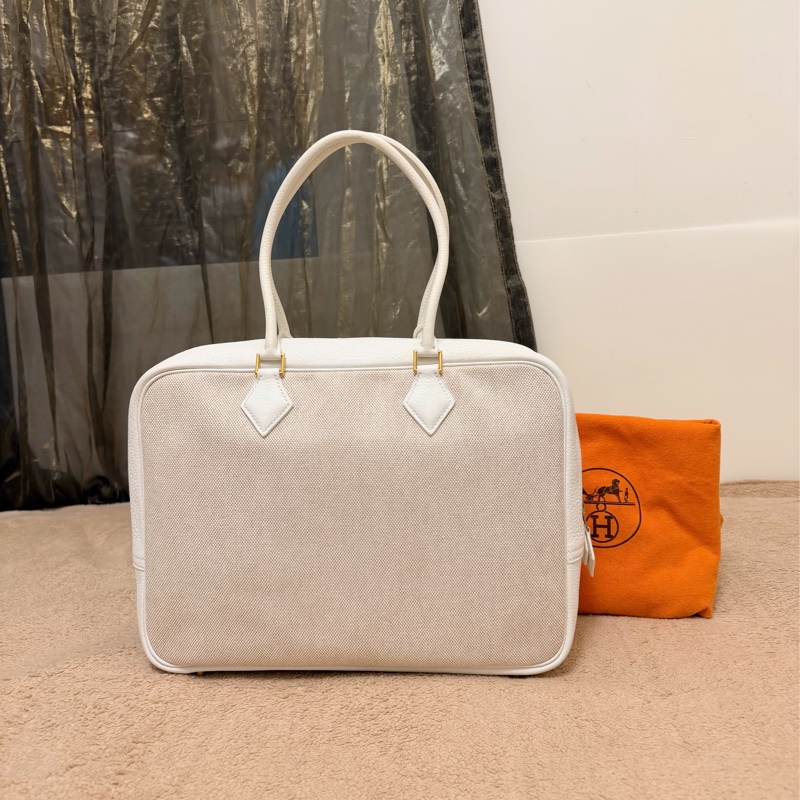 🍒Hermes plume32 白色皮革/帆布拼接款 2F260110-2-0