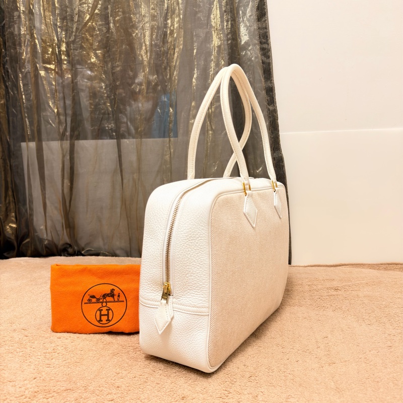 🍒Hermes plume32 白色皮革/帆布拼接款 2F260110-2-3