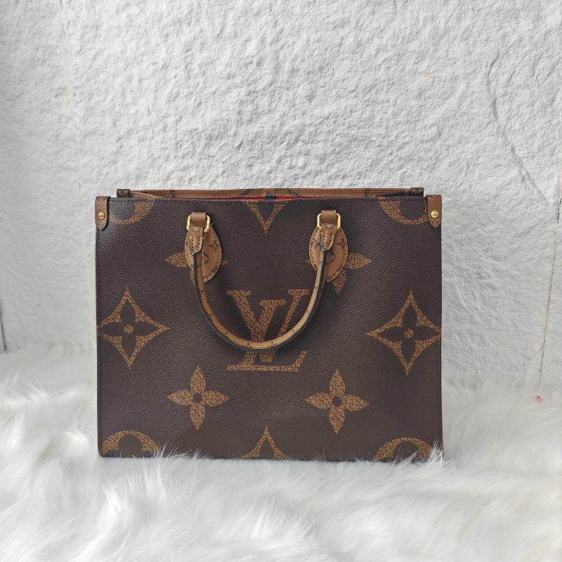 LV onthego 焦糖色老花手提單肩袋 芯片款-0