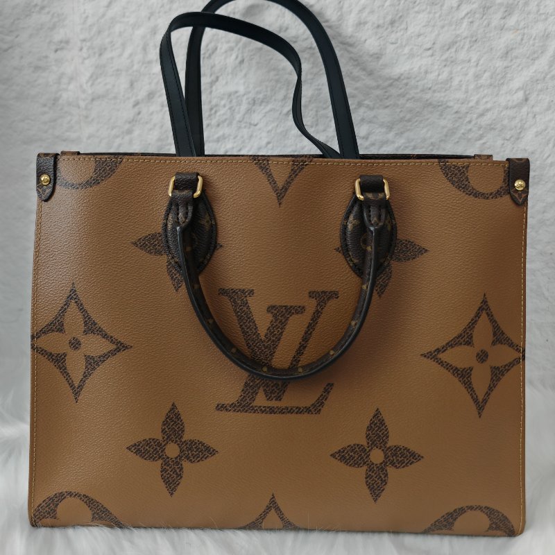 LV onthego 焦糖色老花手提單肩袋 芯片款-1