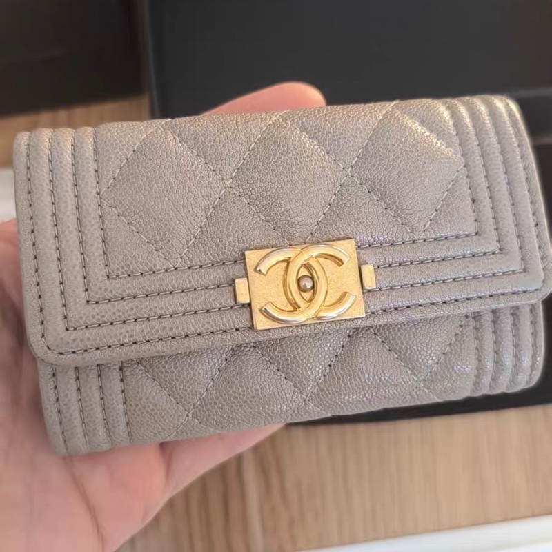 【98%新 ✨ 全網最低價！】Chanel 香奈兒 leboy 零錢包卡包  灰色荔枝牛皮 27開-0