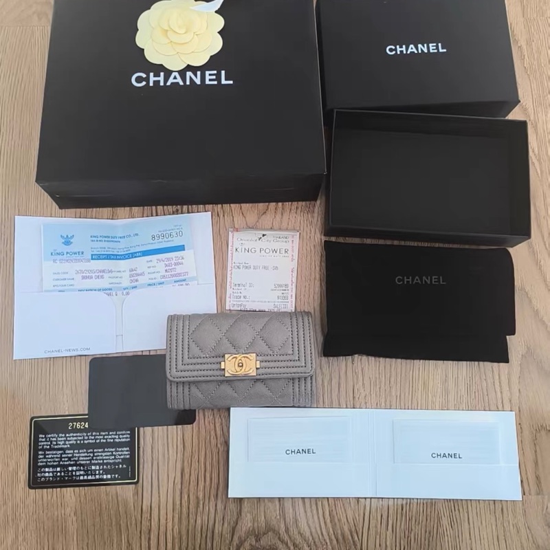 【98%新 ✨ 全網最低價！】Chanel 香奈兒 leboy 零錢包卡包  灰色荔枝牛皮 27開-1