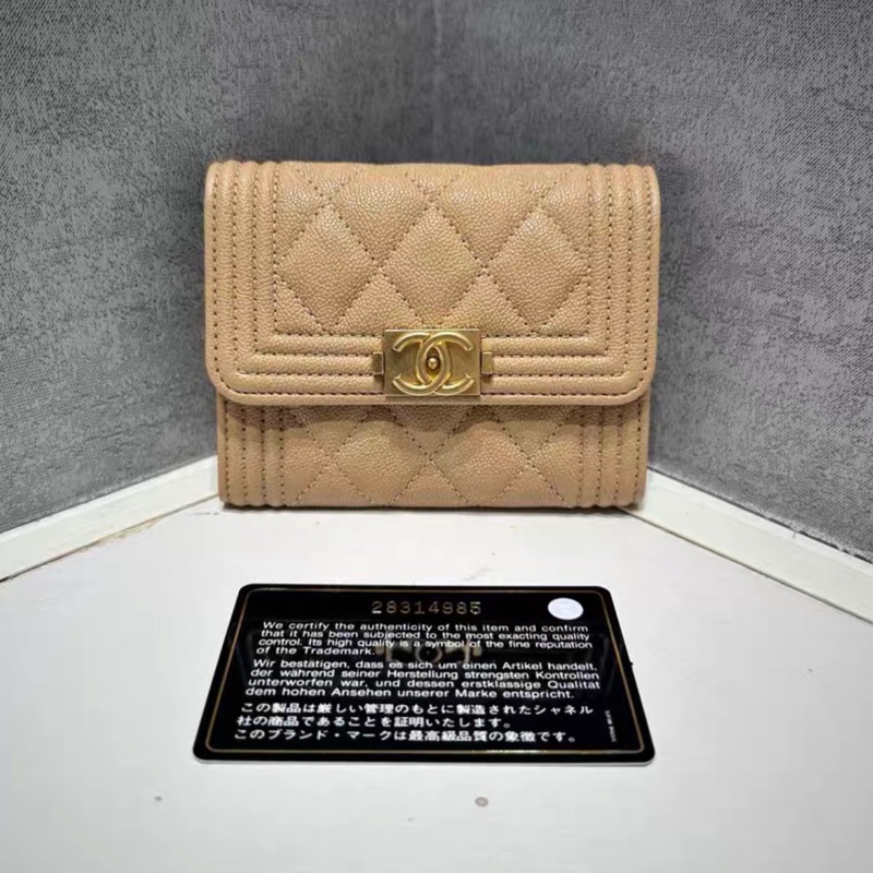 【96%新 ✨ 全網最低價！】Chanel 香奈兒 leboy短款錢包卡包 奶茶色 荔枝牛皮 28開-0