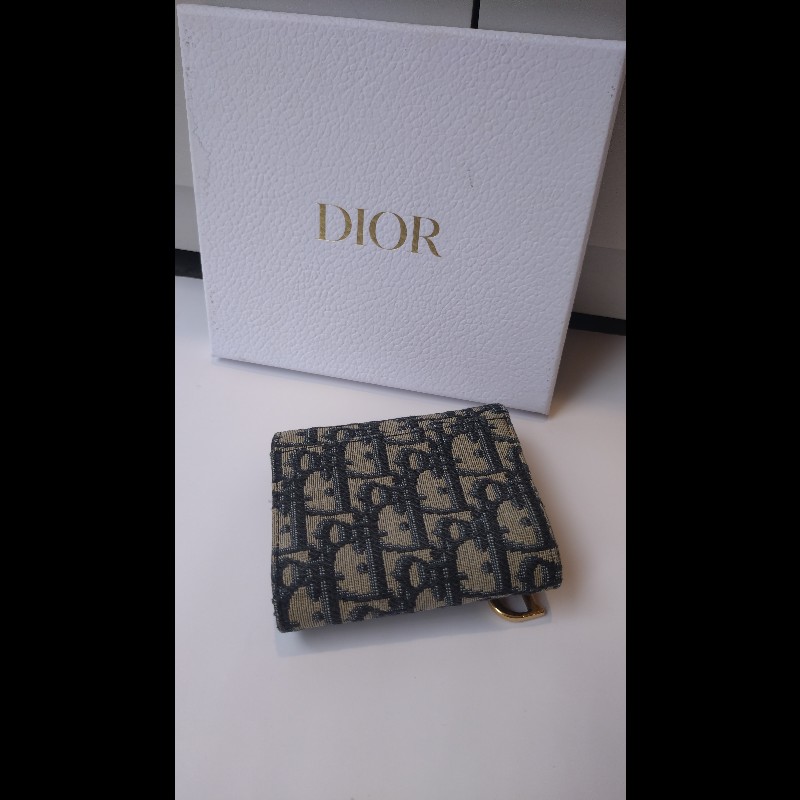 Dior 藍色緹花布D釦短夾-4