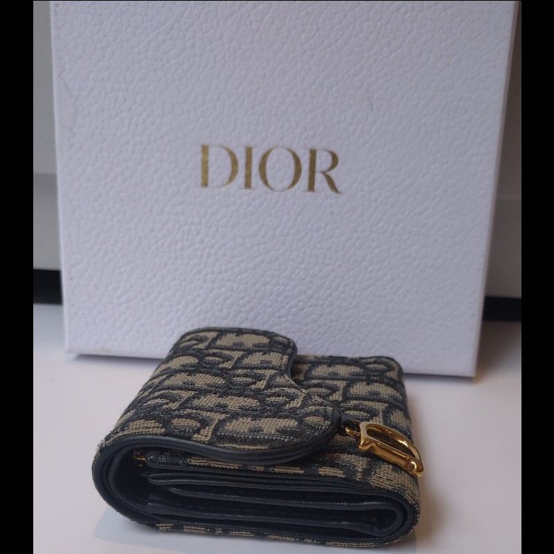 Dior 藍色緹花布D釦短夾-5