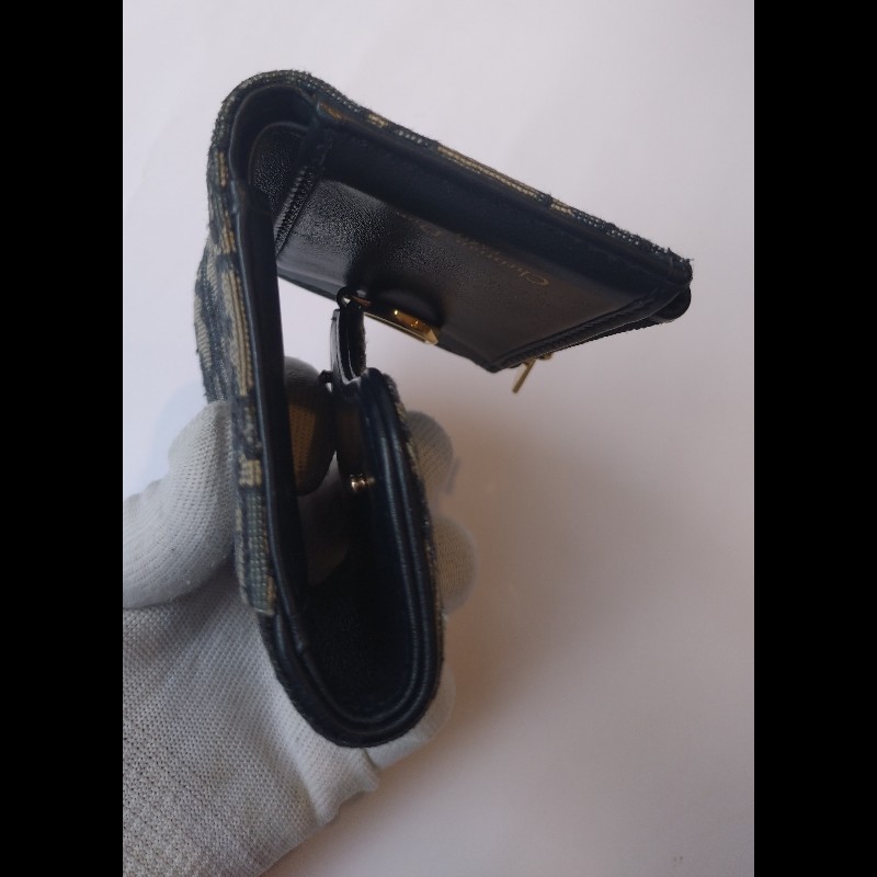 Dior 藍色緹花布D釦短夾-10