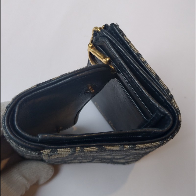 Dior 藍色緹花布D釦短夾-11