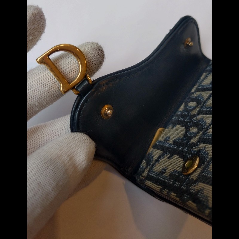 Dior 藍色緹花布D釦短夾-15