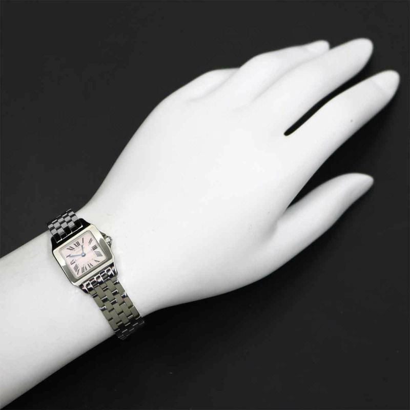 卡地亞 Santos Demoiselle SM W25075Z5 女士粉紅貝殼石英腕錶-3