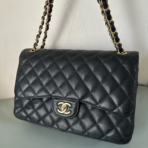Chanel香奈兒黑金CF Jumbo大號 荔枝牛皮雙蓋鏈條包 芯片款！經典黑金配色真係冇得輸～容量超夠用