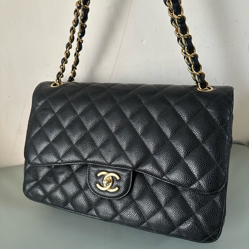 Chanel香奈兒黑金CF Jumbo大號 荔枝牛皮雙蓋鏈條包 芯片款！經典黑金配色真係冇得輸～容量超夠用-0