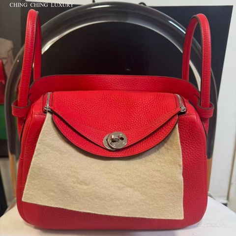 🌈Hermes❤️Lindy 26❤️國旗紅銀扣🌟99新🌟TC皮🌟愛馬仕🌟