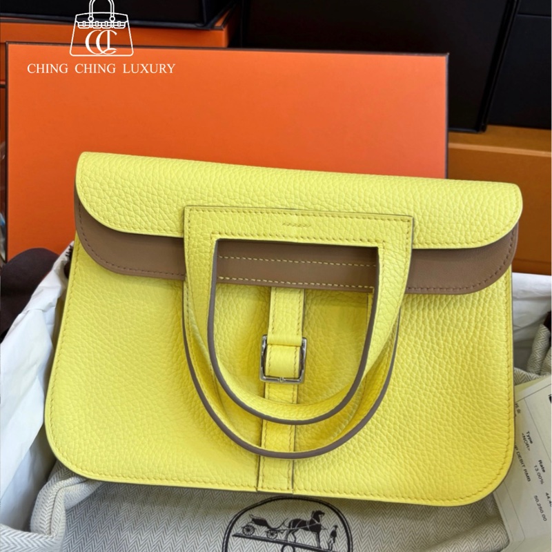 🌈Hermes💛Halzan 25💛檸檬酒黃拼餅乾色銀扣💛全新未使用🌟全套有單🌈TC皮🌟Stamp B🌟愛馬仕🌟-0