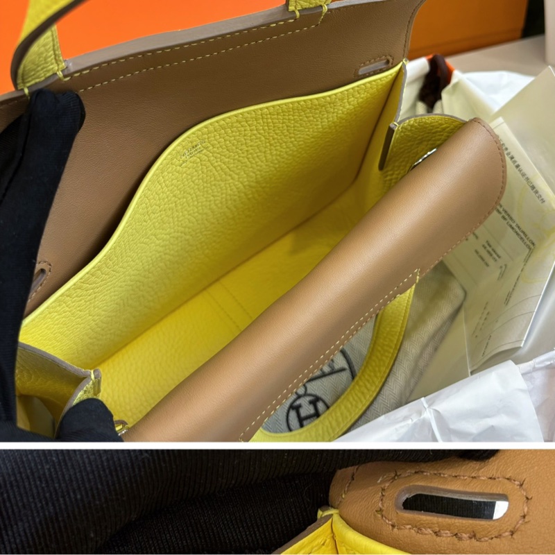 🌈Hermes💛Halzan 25💛檸檬酒黃拼餅乾色銀扣💛全新未使用🌟全套有單🌈TC皮🌟Stamp B🌟愛馬仕🌟-5