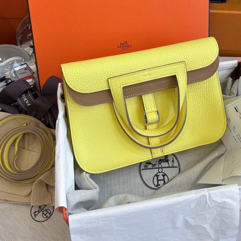 🌈Hermes💛Halzan 25💛檸檬酒黃拼餅乾色銀扣💛全新未使用🌟全套有單🌈TC皮🌟Stamp B🌟愛馬仕🌟-8