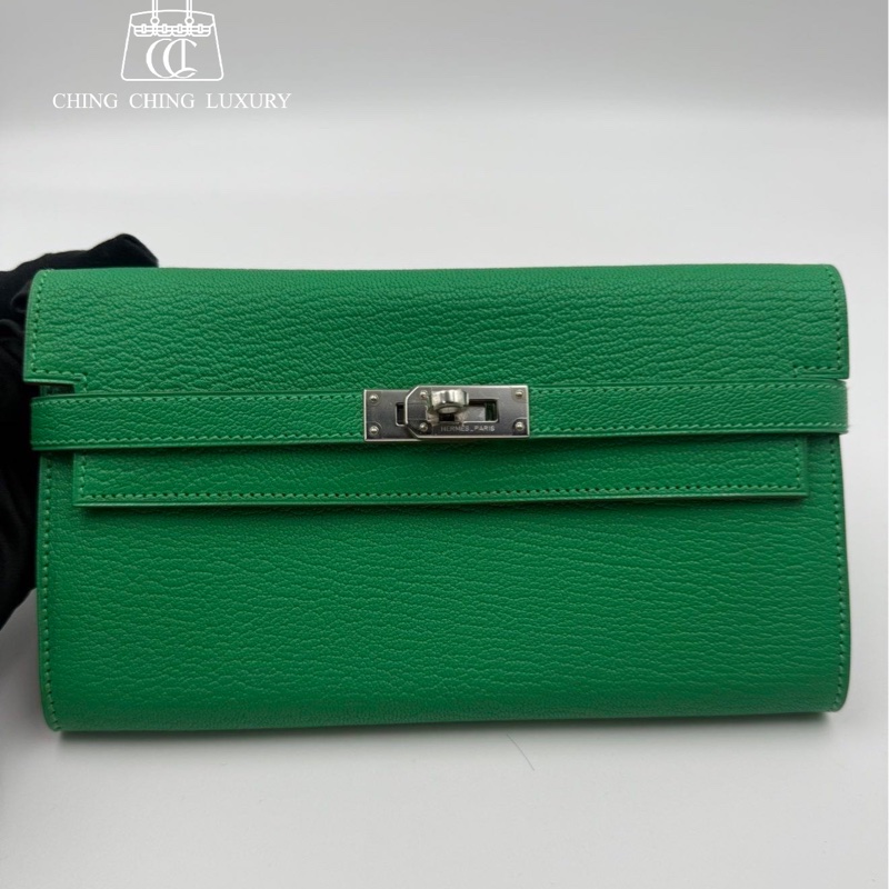 🌈Hermes💚Kelly Wallet💚竹子綠色銀扣🌟未使用閑置💚貼膜在🌟山羊皮🌟愛馬仕🌟-0