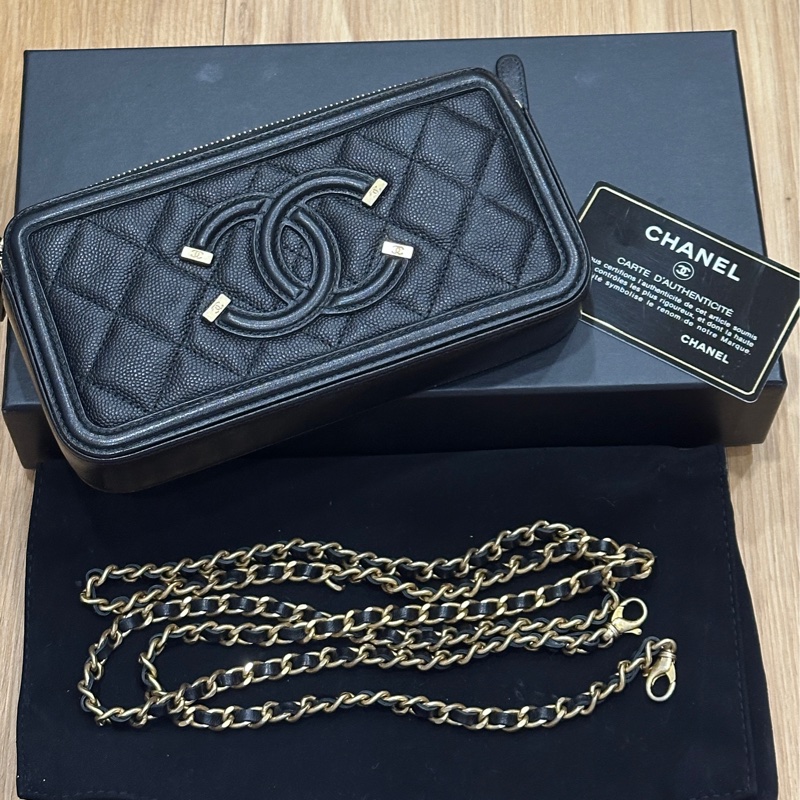 香奈兒魚子醬黑金WOC手機包 鏈條可拆 大全套-0