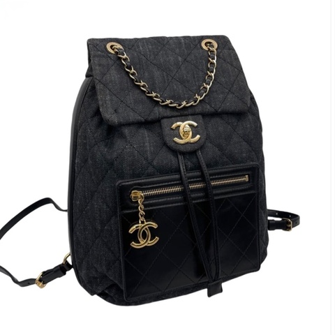 「JL 精品代購」 98新 Chanel 香奈兒 丹寧 雙肩包 /黑背包 黑金