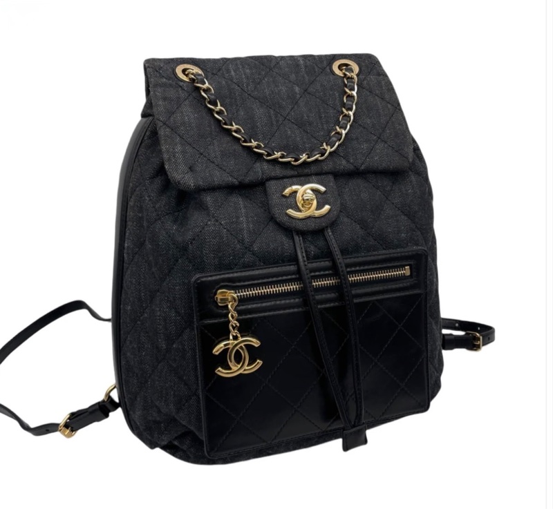 「JL 精品代購」 98新 Chanel 香奈兒 丹寧 雙肩包 /黑背包 黑金-0