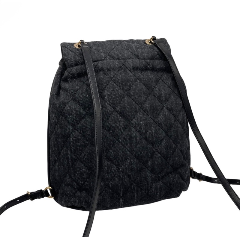 「JL 精品代購」 98新 Chanel 香奈兒 丹寧 雙肩包 /黑背包 黑金-4