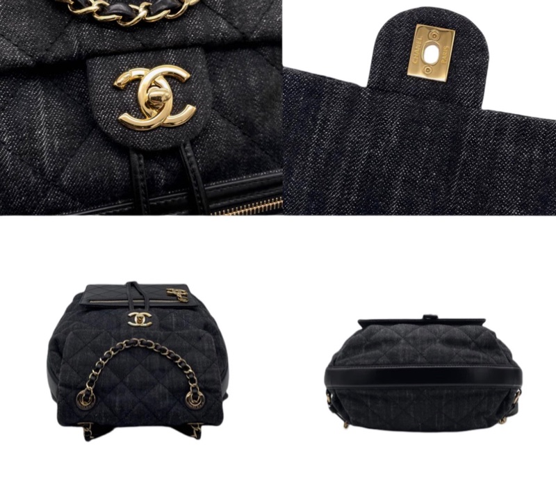 「JL 精品代購」 98新 Chanel 香奈兒 丹寧 雙肩包 /黑背包 黑金-5