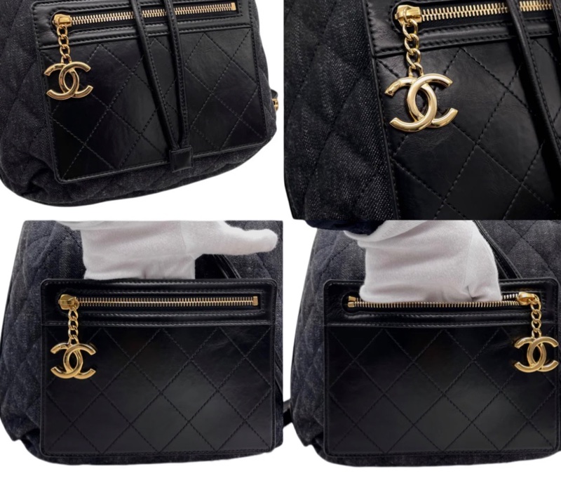 「JL 精品代購」 98新 Chanel 香奈兒 丹寧 雙肩包 /黑背包 黑金-6