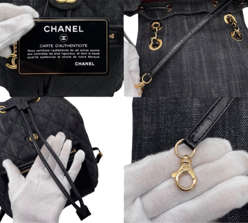 「JL 精品代購」 98新 Chanel 香奈兒 丹寧 雙肩包 /黑背包 黑金-9