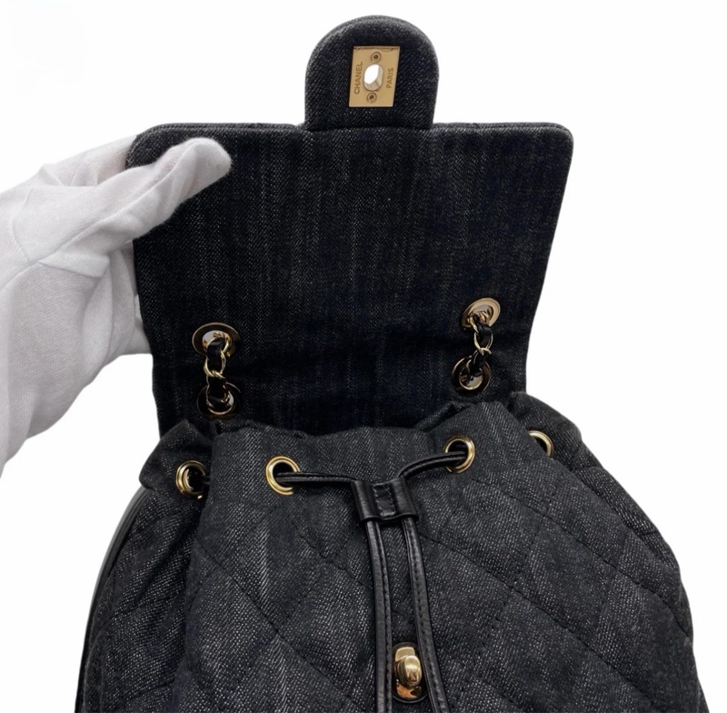 「JL 精品代購」 98新 Chanel 香奈兒 丹寧 雙肩包 /黑背包 黑金-12