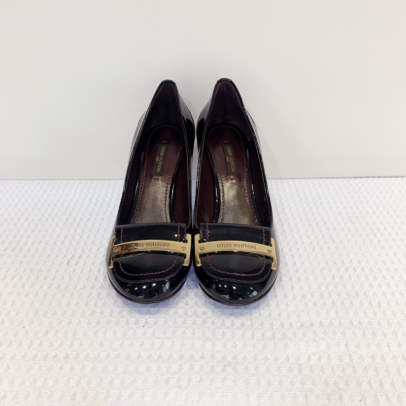 LV/路易威登黑色H金扣方頭高跟鞋,99新,36碼-1