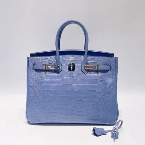 Hermes Birkin 35cm 霧面 倒V 7E 明藍色鰐魚 銀扣 框M 2009 價格美麗 自用超值