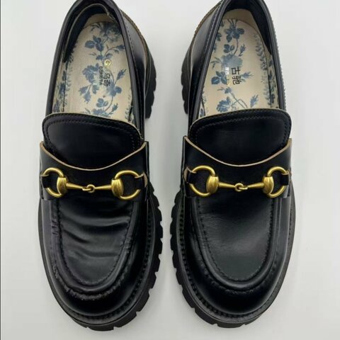 GUCCI 黑色皮革馬銜釦厚底樂福鞋