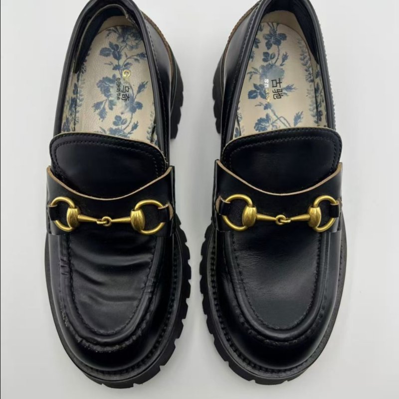 GUCCI 黑色皮革馬銜釦厚底樂福鞋-0