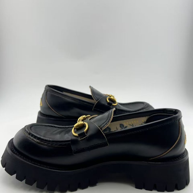 GUCCI 黑色皮革馬銜釦厚底樂福鞋-3