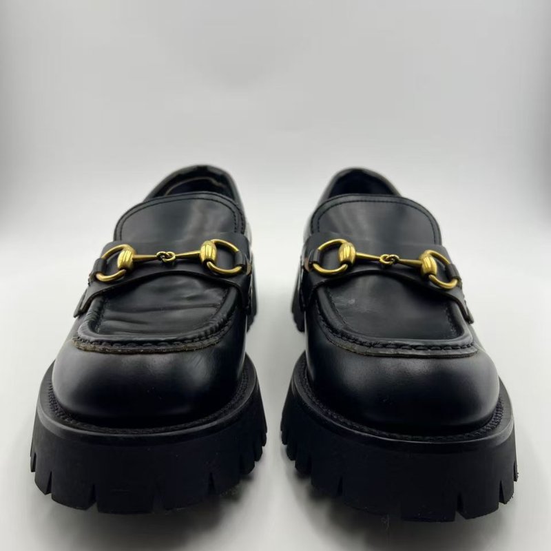 GUCCI 黑色皮革馬銜釦厚底樂福鞋-6