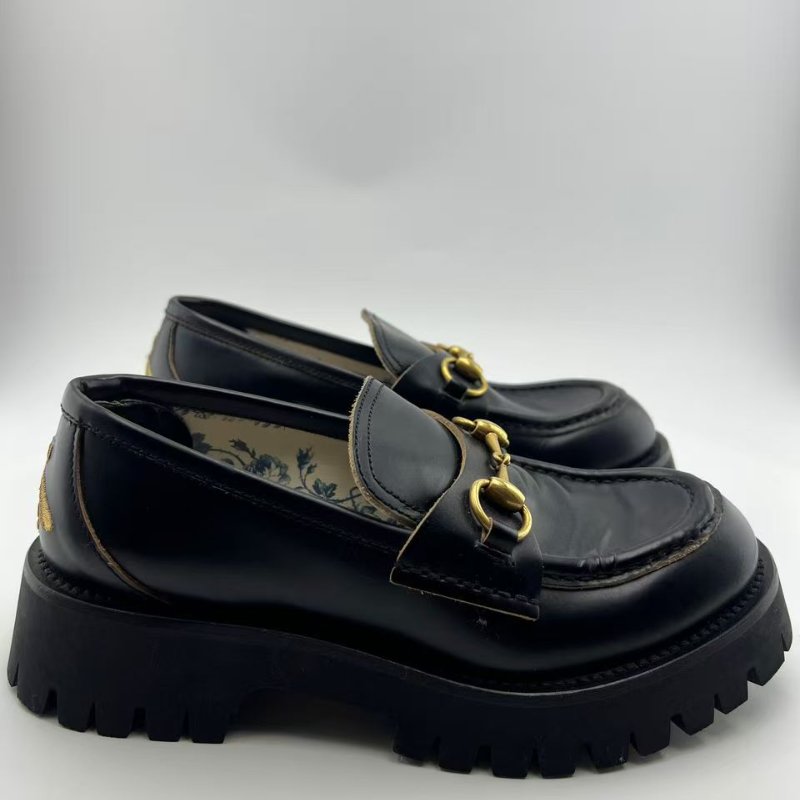 GUCCI 黑色皮革馬銜釦厚底樂福鞋-7