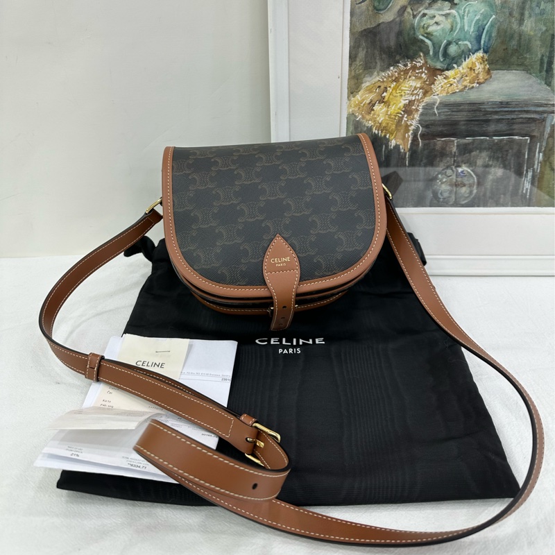 CELINE賽琳 Folco凱旋門老花拼棕色牛皮馬鞍斜背包 中號，編碼：22年-0
