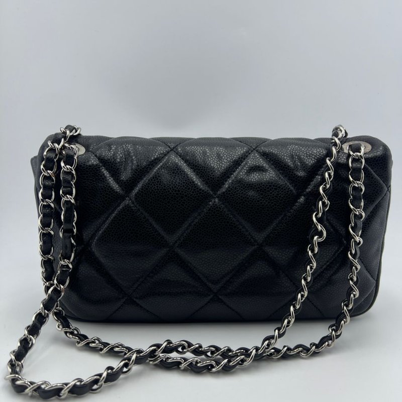 香奈兒 CF 魚子醬牛皮黑銀單肩斜背兩用包-2