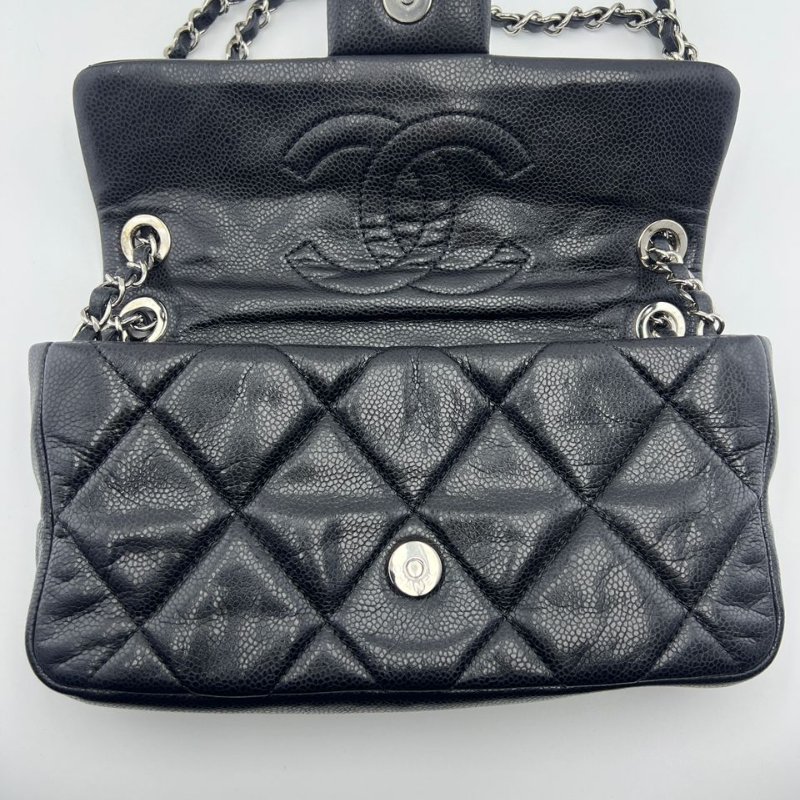 香奈兒 CF 魚子醬牛皮黑銀單肩斜背兩用包-21