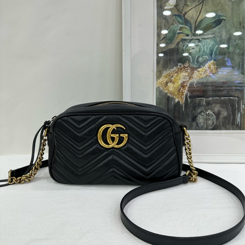 Gucci馬蒙相機包，黑色，經典GG logo，鏈條肩帶-0