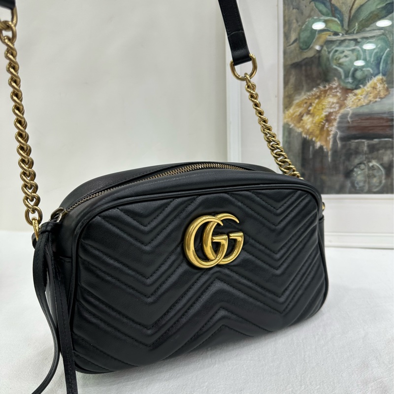 Gucci馬蒙相機包，黑色，經典GG logo，鏈條肩帶-6