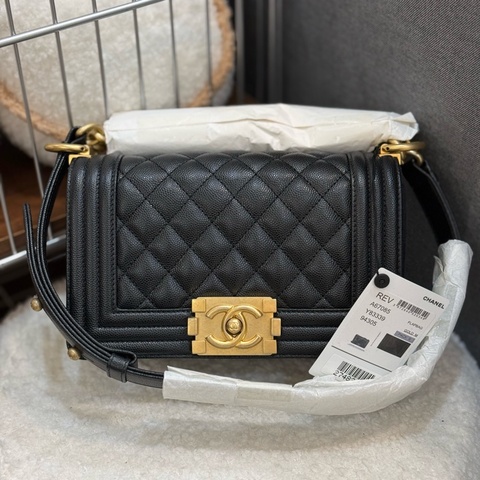 全新Chanel boy20 黑金荔枝皮 復古金鏈