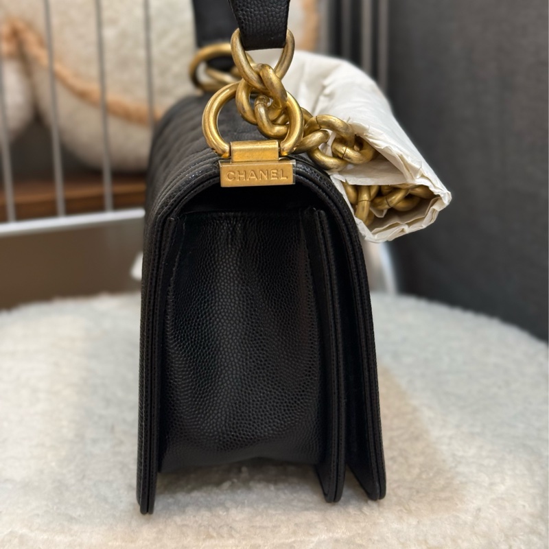 全新Chanel boy20 黑金荔枝皮 復古金鏈-2