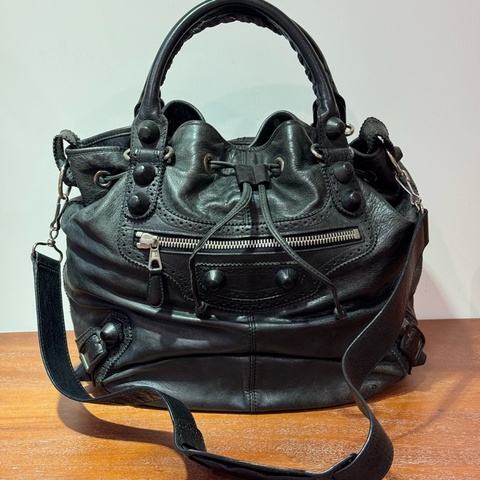 Balenciaga Black Giant Pom Pom Leather Handbag