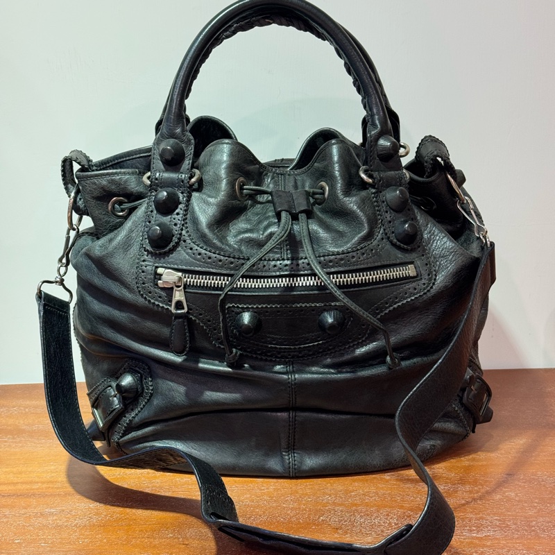 Balenciaga Black Giant Pom Pom Leather Handbag-0