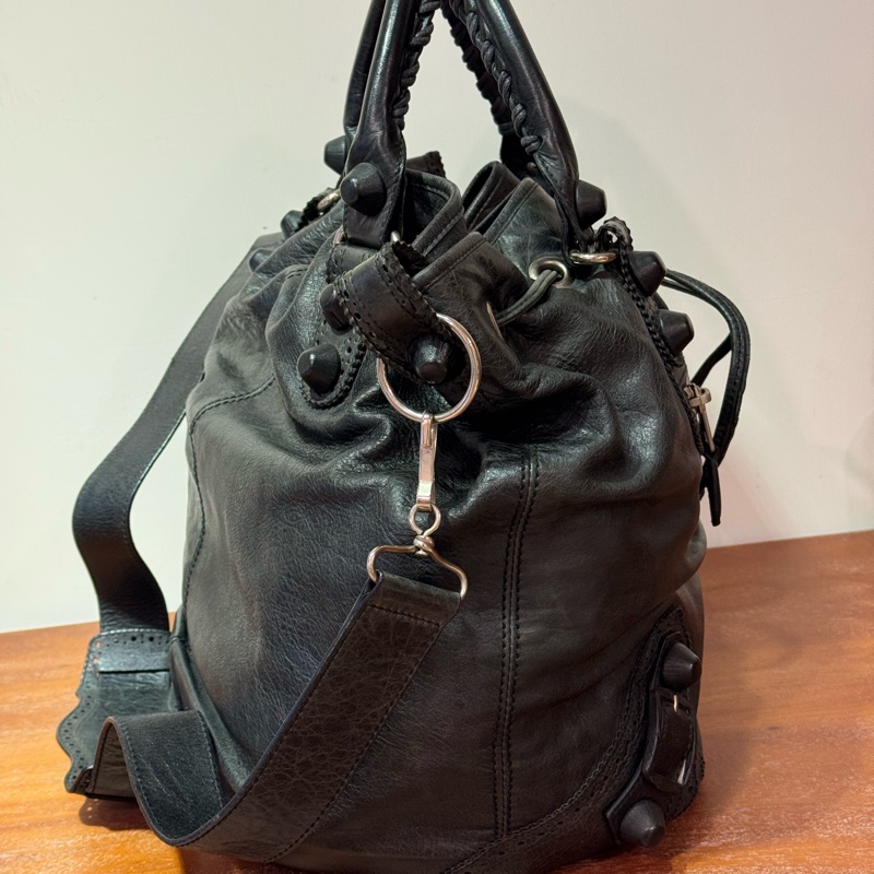 Balenciaga Black Giant Pom Pom Leather Handbag-3