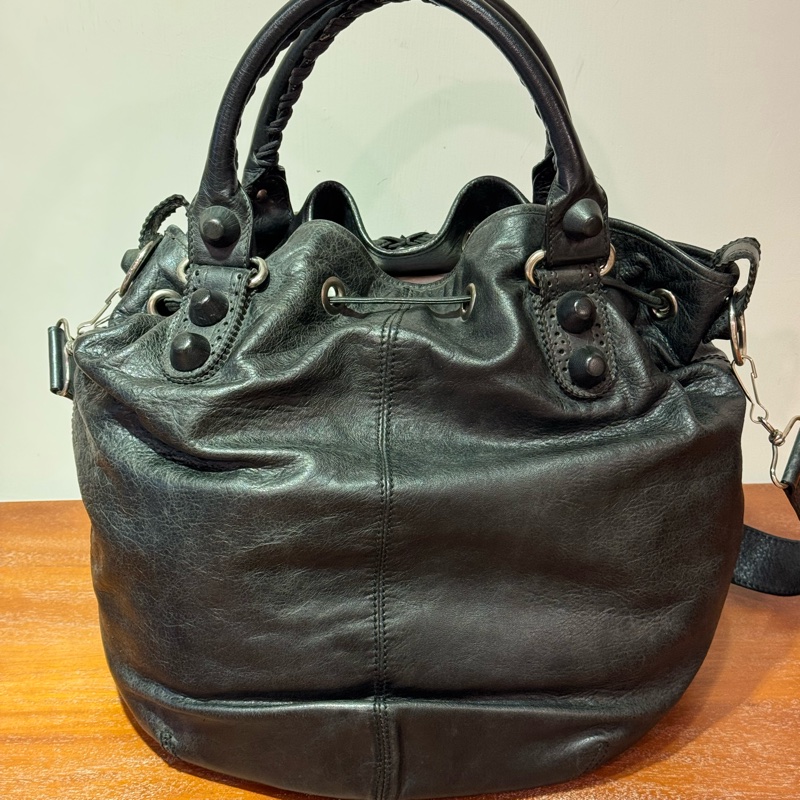 Balenciaga Black Giant Pom Pom Leather Handbag-17